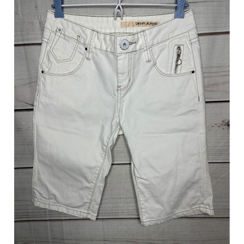 DKNY Jeans Bermuda Shorts Women 4P White Denim Contrast Stitch Petite Zip Detail